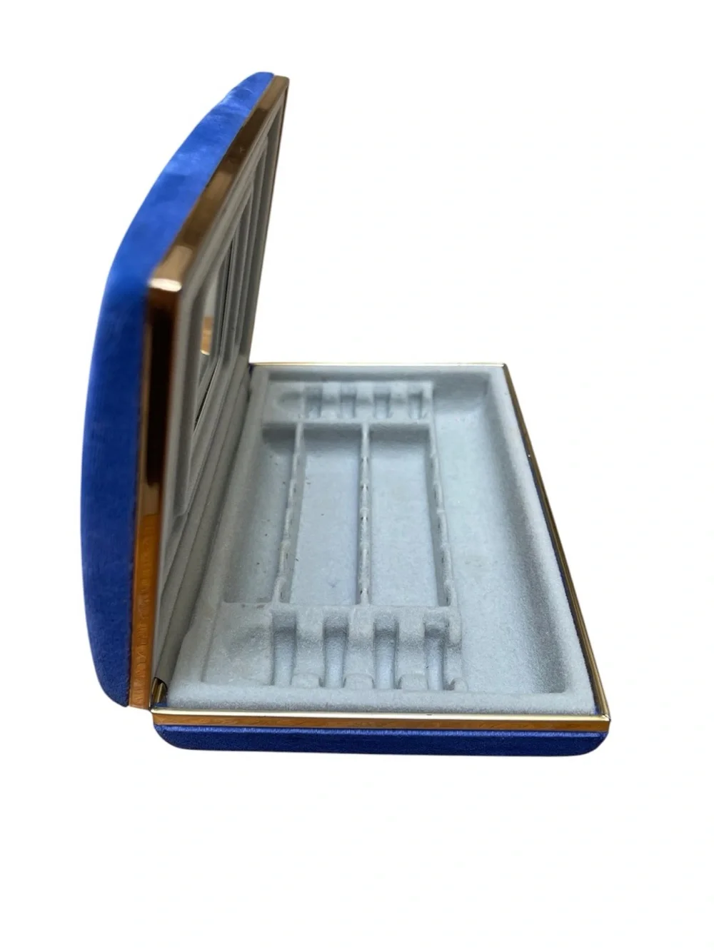 Vintage Blue Jewelry Box Triple Mirror Ring Holder Vanity Case Gold Trim